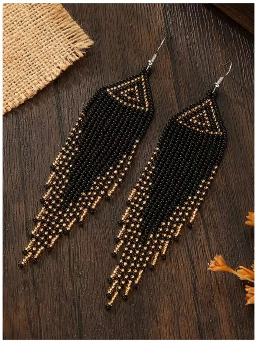 NWT Boho Black Gold Beaded Fringe Dangle Earrings Chevron Tassel Statement Drop